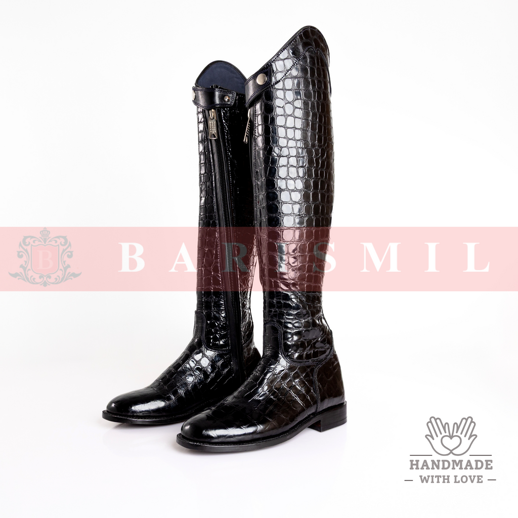Black Patent Croc Equestrian Riding Boots