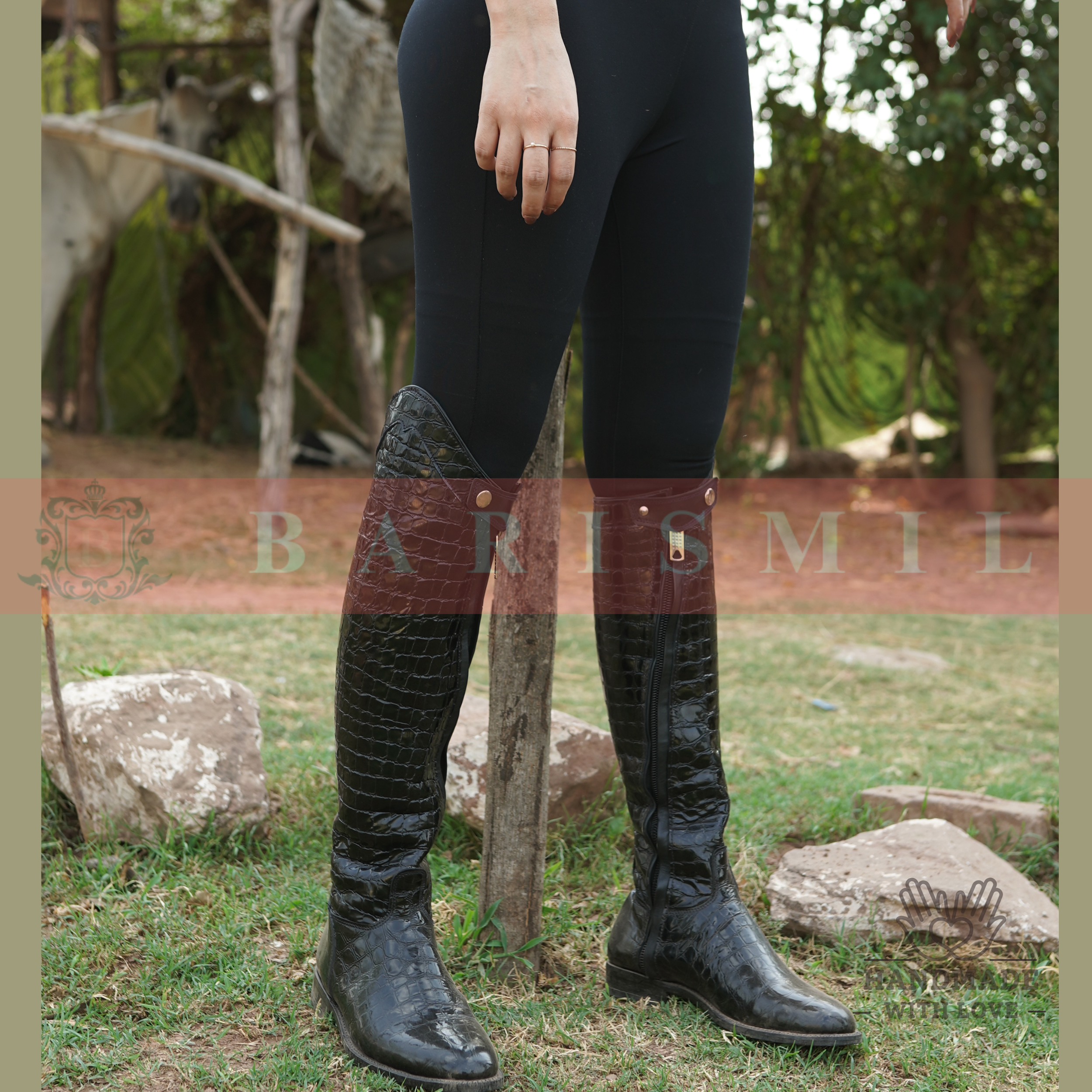 Black Patent Croc Equestrian Riding Boots